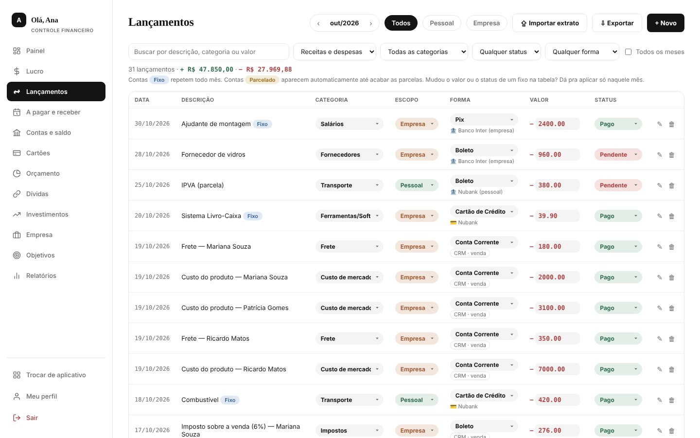 Lista de lançamentos com receitas e despesas do mês